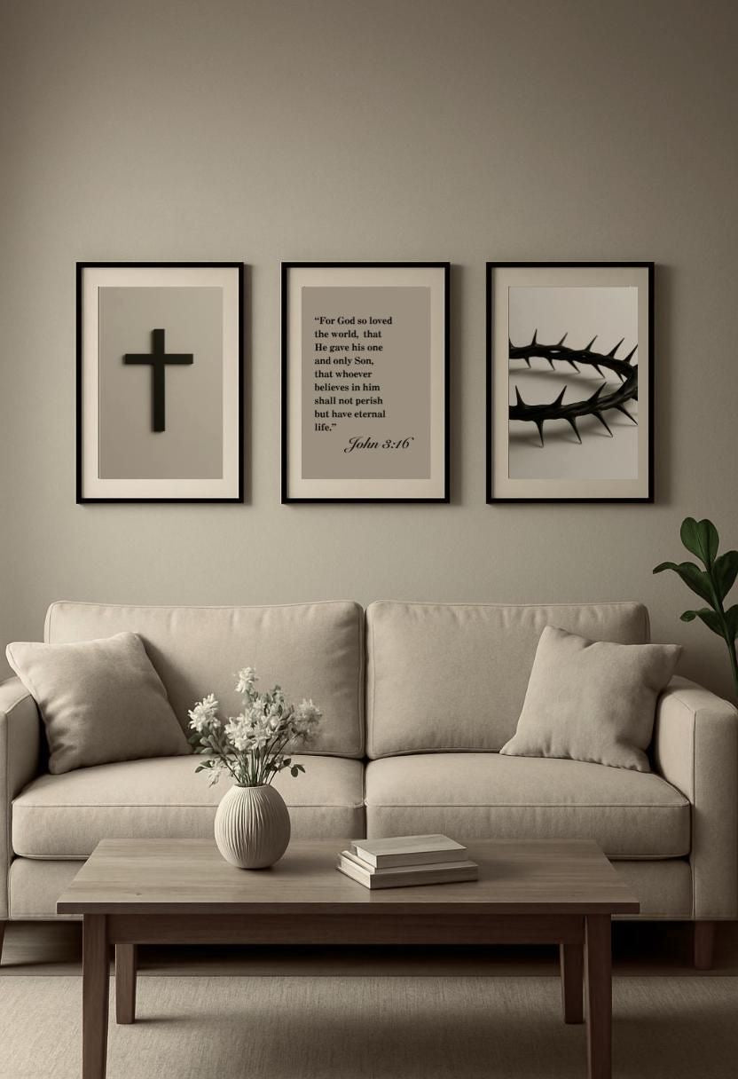 Christian Wall Art Set of 3 | Cross, John 3:16 Scripture & Crown of Thorns | Premium A3 Frames