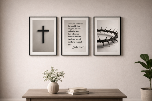 Christian Wall Art Set of 3 | Cross, John 3:16 Scripture & Crown of Thorns | Premium A3 Frames