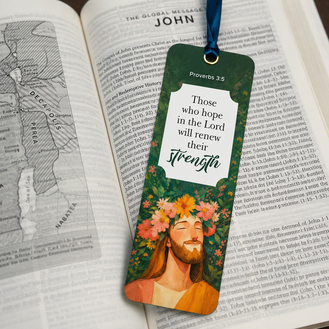 Christian Bookmark with Blue Satin Ribbon | Bible Verse Inspirational Bookmark | Premium Laminated Scripture Gift for Bible Readers