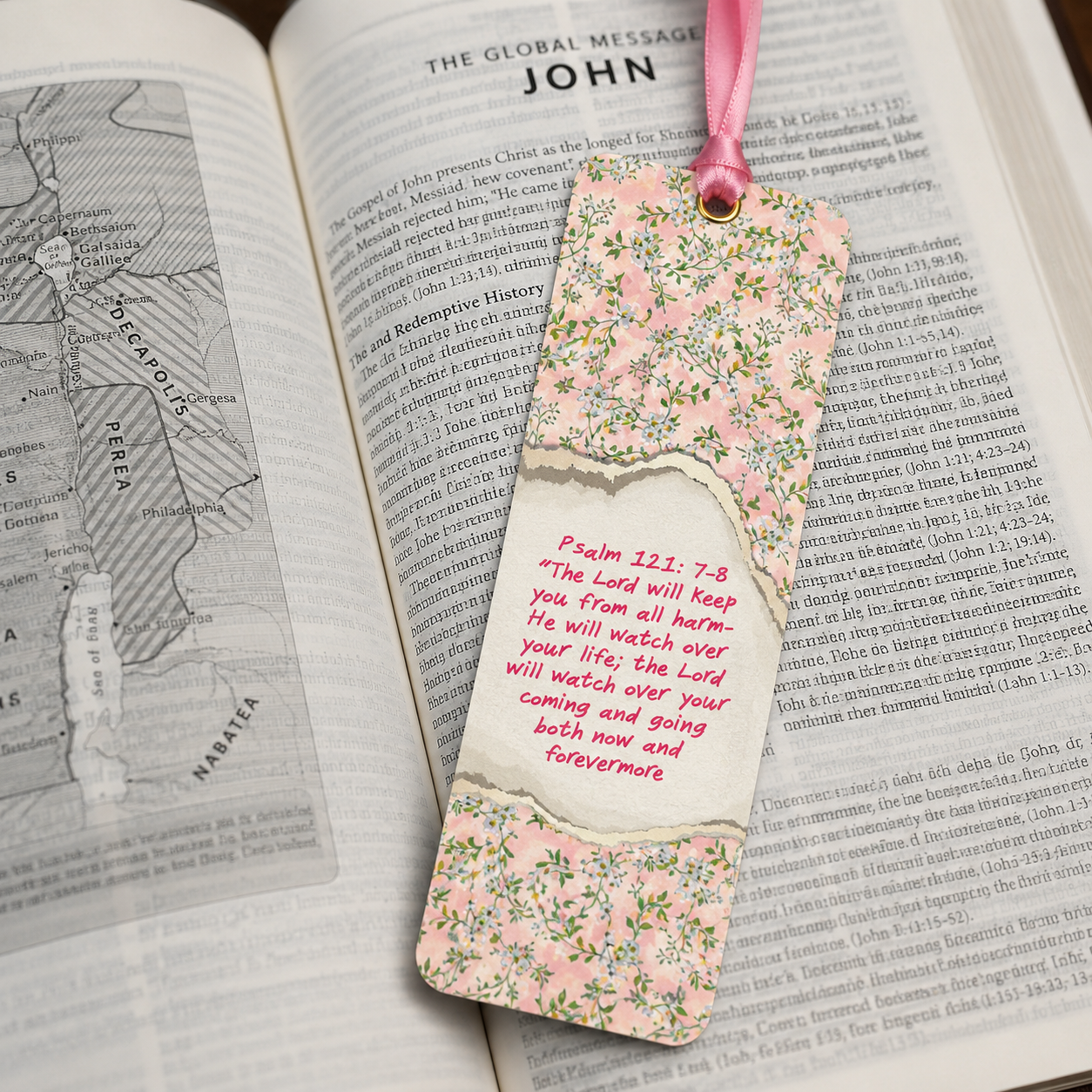 Psalm 121:7–8 Christian Bookmark with Pink Satin Ribbon | Bible Verse Bookmark | Inspirational Scripture Gift for Bible Readers