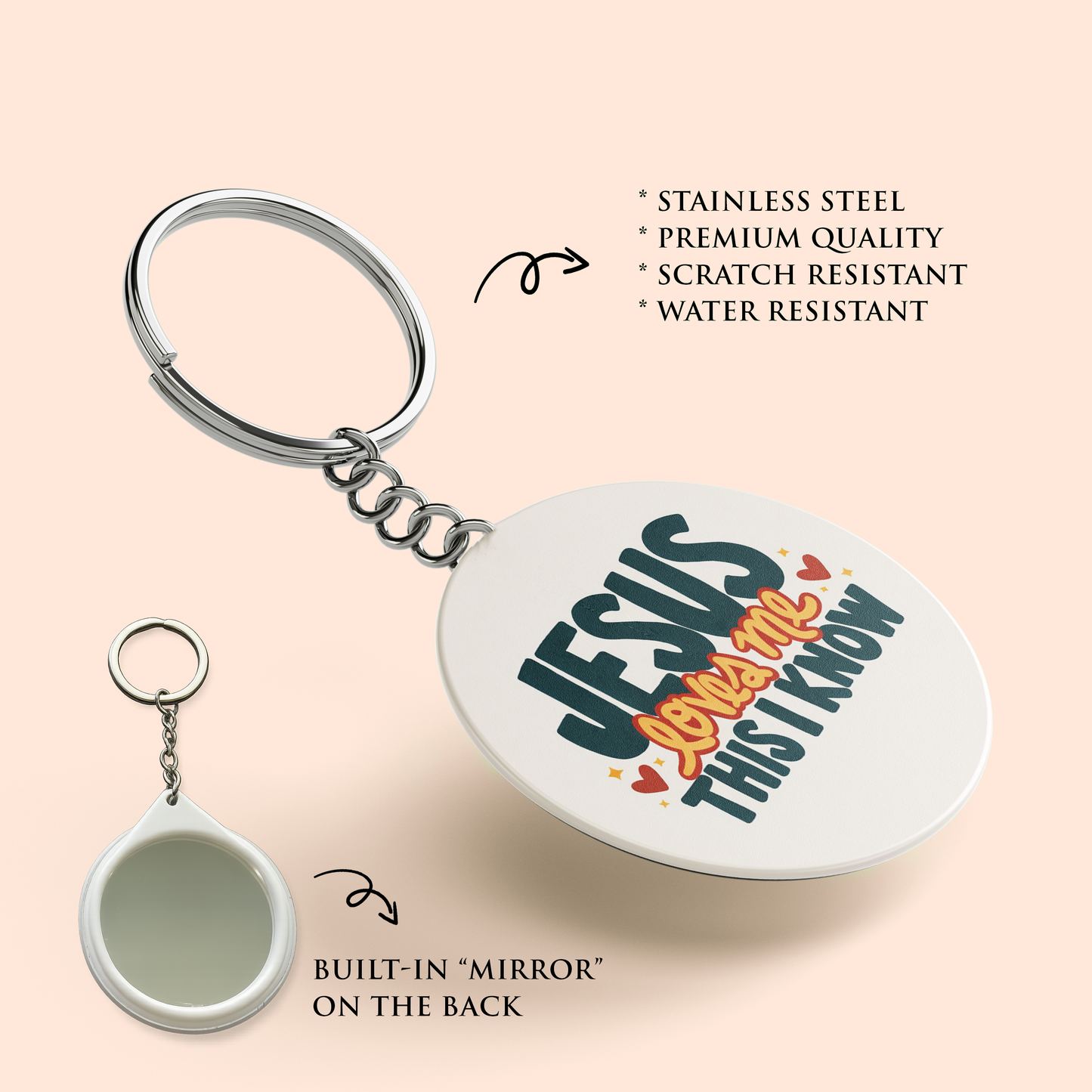 "JESUS LOVES ME" Key Chain with Mirror | Christian Decor | Premium Quality Round Key Chain