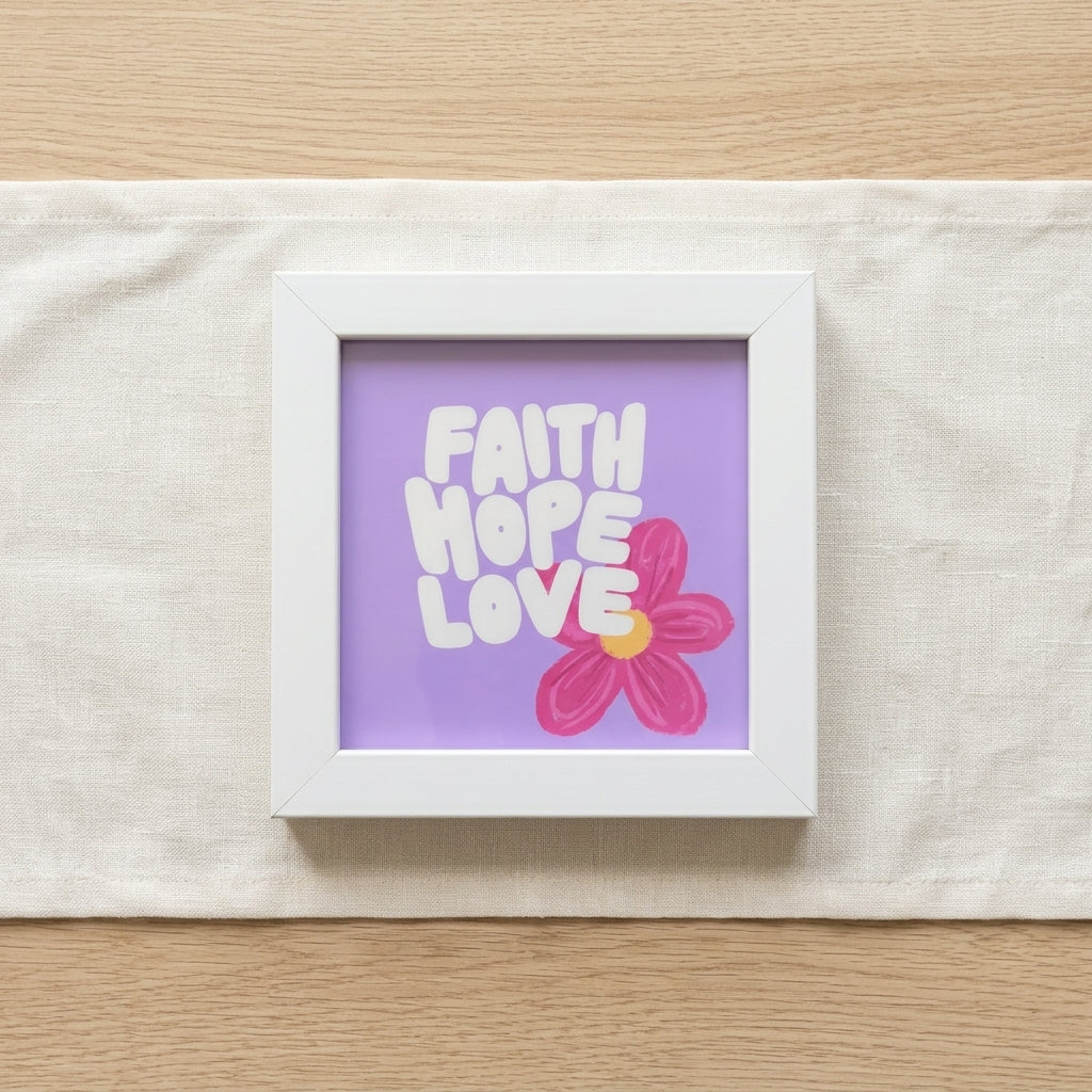 Faith Hope Love Mini Photo Frame | 4x4 Inch White Desk Decor | Christian Gift Frame
