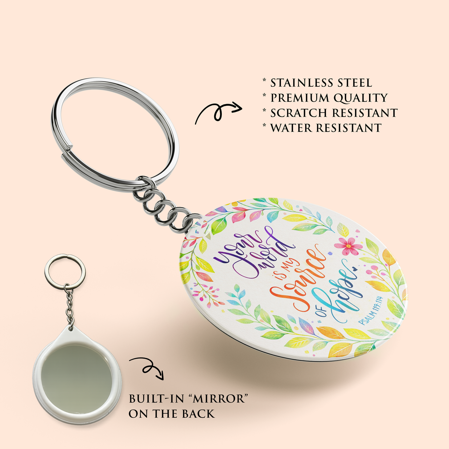 "YOUR WORD IS SOURCE OF MY LIFE" Key Chain with Mirror | Christian Decor | Premium Quality Round Key Chain