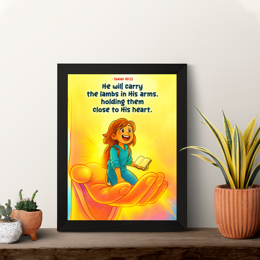 Isaiah 40:11 Christian Wall Art – God Carries His Children | Kids Faith Illustration | Photo Frame_A4 Size (12inch*8inch)