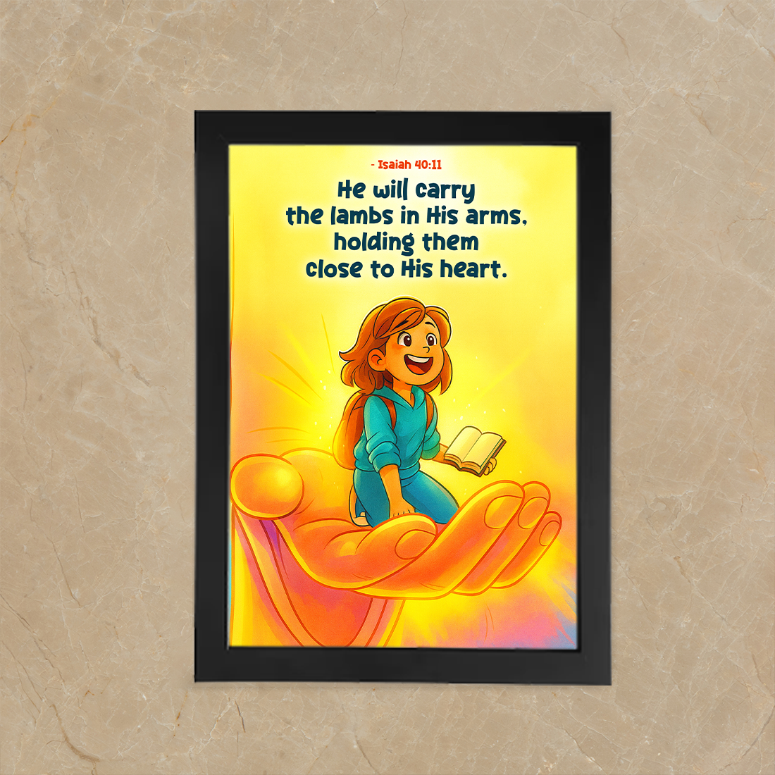 Isaiah 40:11 Christian Wall Art – God Carries His Children | Kids Faith Illustration | Photo Frame_A4 Size (12inch*8inch)
