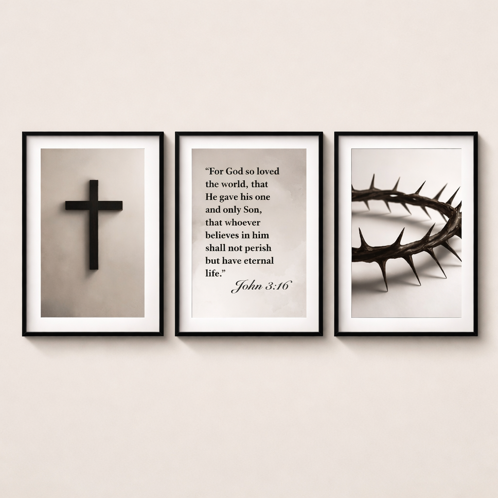 Christian Wall Art Set of 3 | Cross, John 3:16 Scripture & Crown of Thorns | Premium A3 Frames