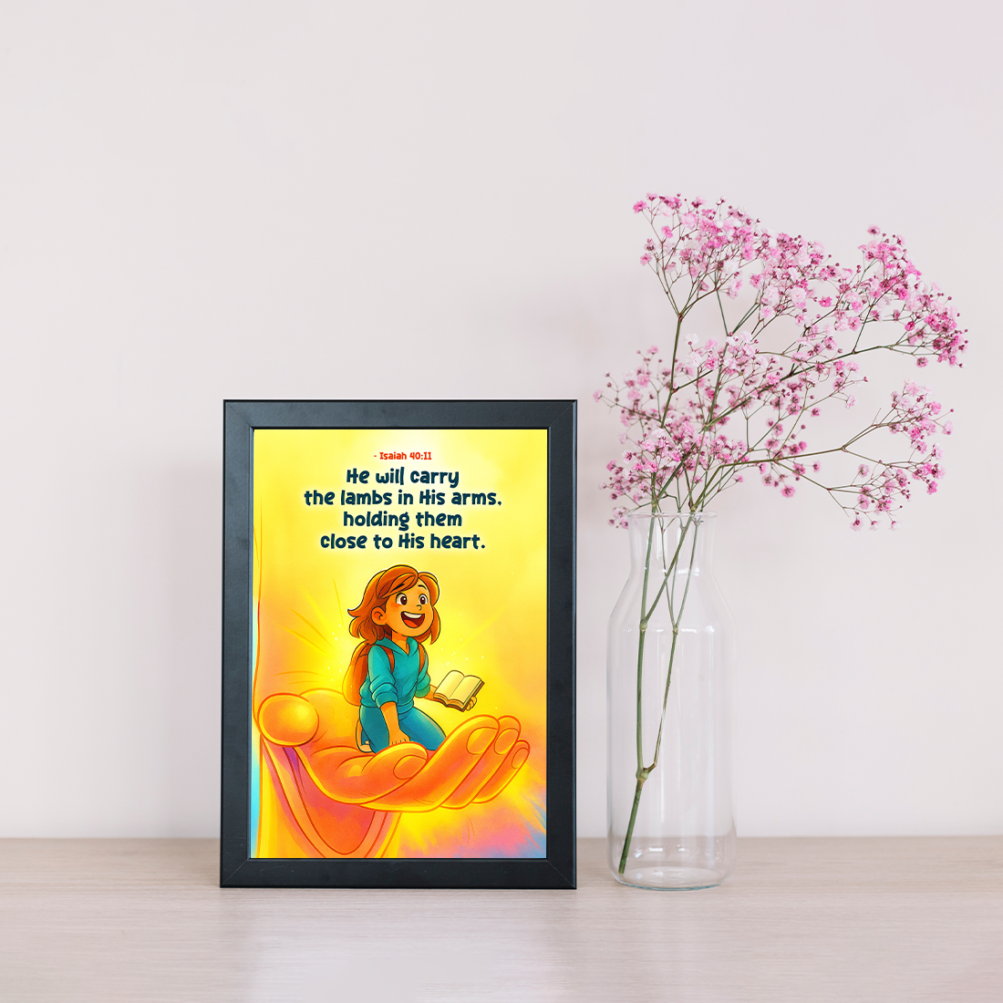 Isaiah 40:11 Christian Wall Art – God Carries His Children | Kids Faith Illustration | Photo Frame_A4 Size (12inch*8inch)