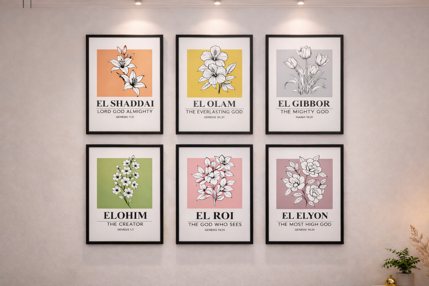 Wall Art Set of 6 A4 | Names of God Scripture Frames | Biblical Home Decor | Faith Wall Gallery | Modern Christian Gift