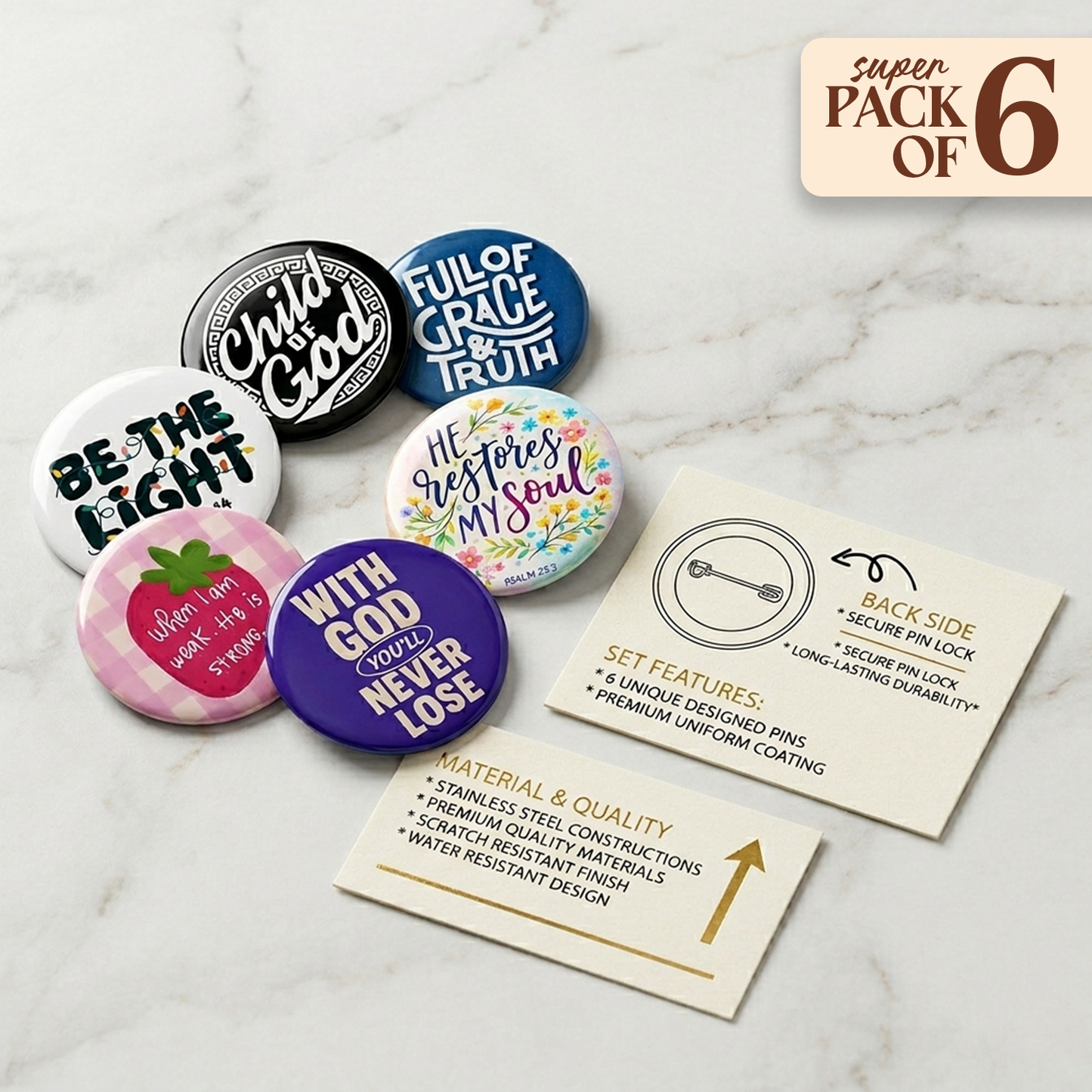 Pack of 6 Button Badges : Christian Decor | Premium Quality Round Badge