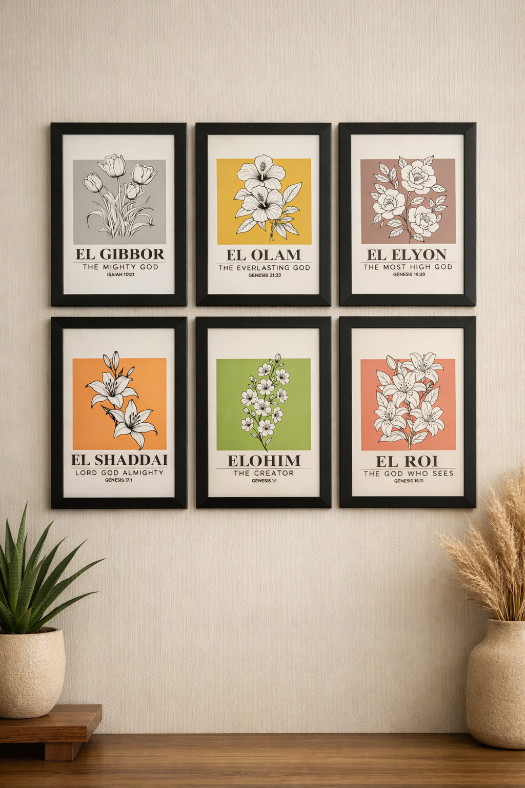 Wall Art Set of 6 A4 | Names of God Scripture Frames | Biblical Home Decor | Faith Wall Gallery | Modern Christian Gift
