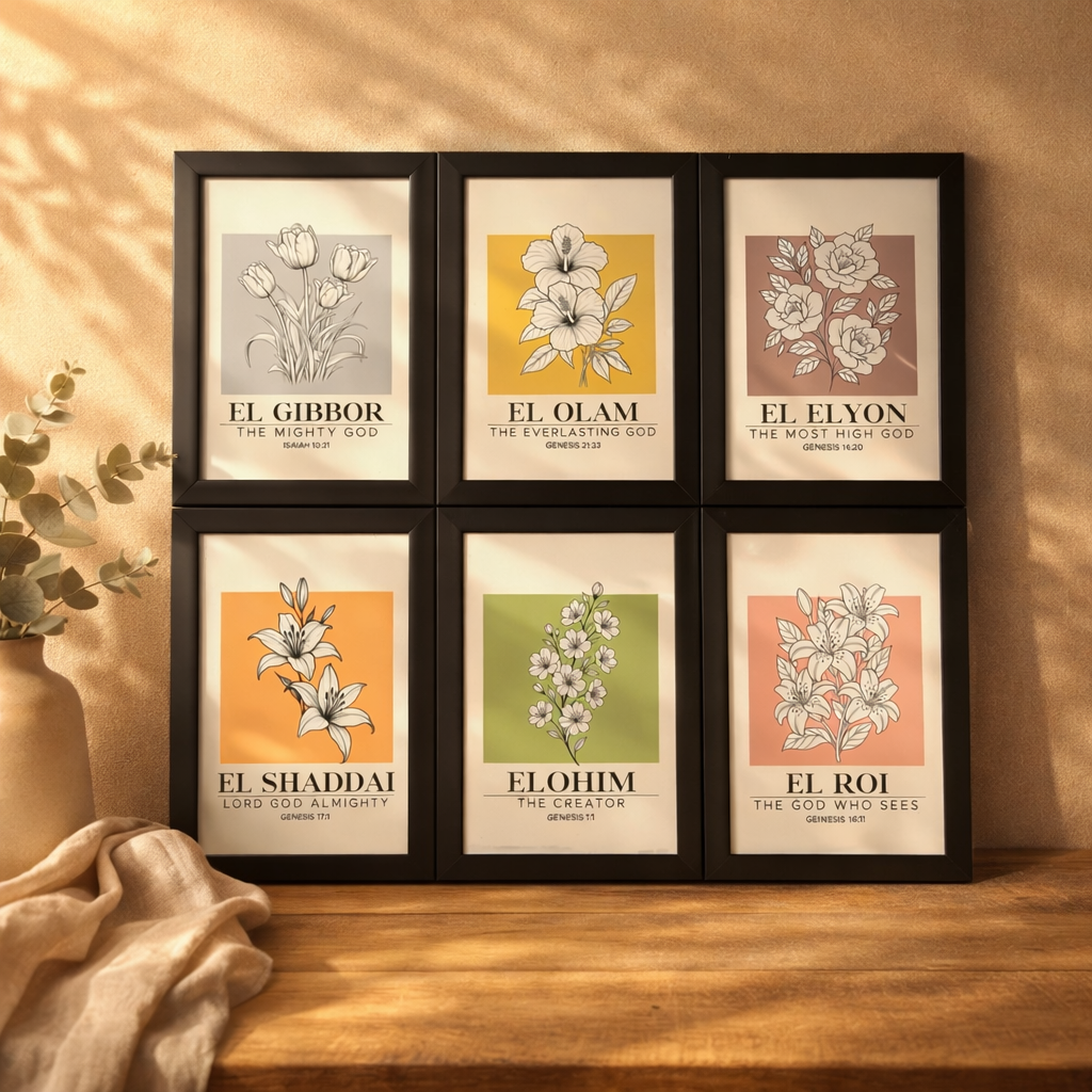 Wall Art Set of 6 A4 | Names of God Scripture Frames | Biblical Home Decor | Faith Wall Gallery | Modern Christian Gift