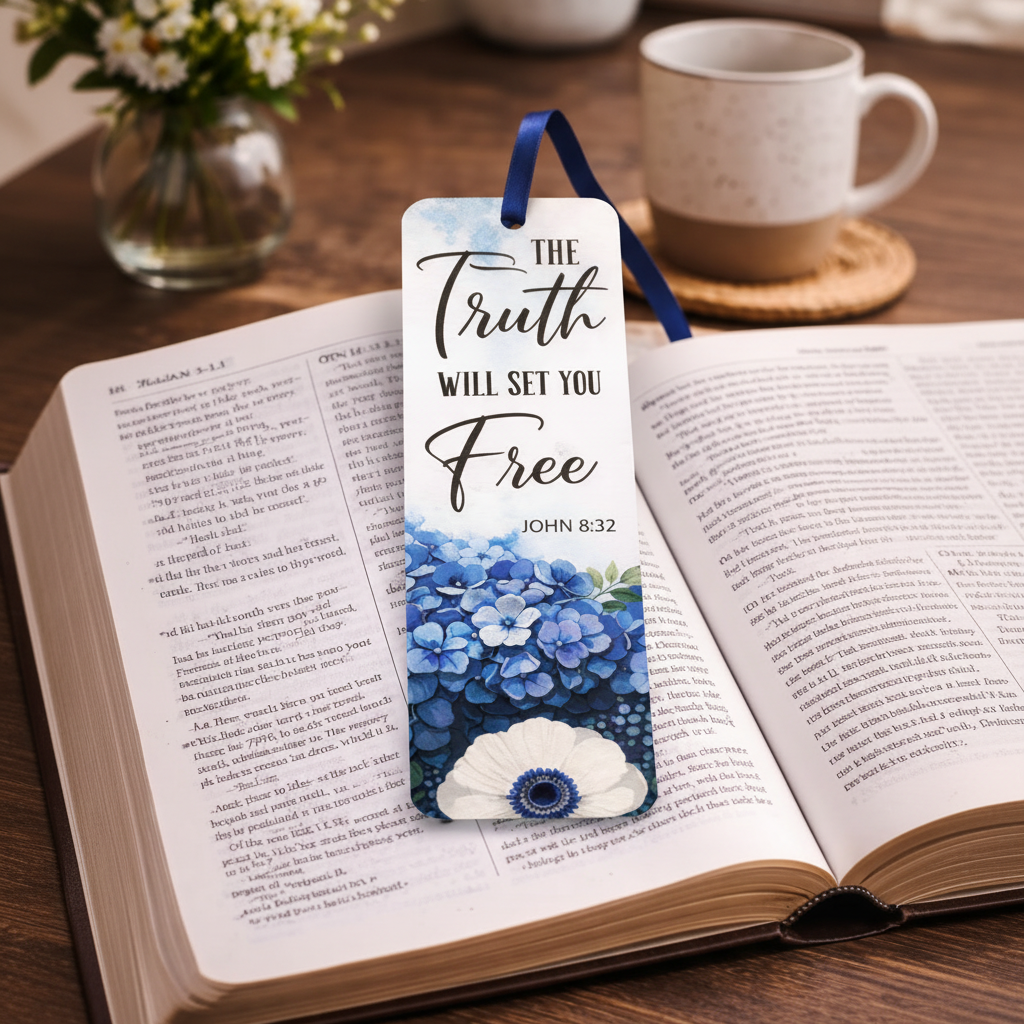 The Truth Will Set You Free Christian Bookmark | John 8:32 Floral Bible Bookmark with Satin Ribbon