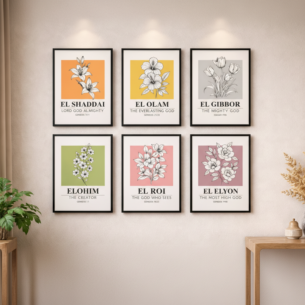 Wall Art Set of 6 A4 | Names of God Scripture Frames | Biblical Home Decor | Faith Wall Gallery | Modern Christian Gift