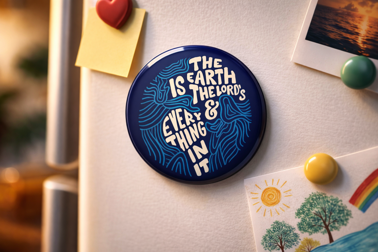 "THE EARTH IS THE LORD'S" Fridge Magnet (Big Size) | Christian Decor | Premium Quality Round Badge