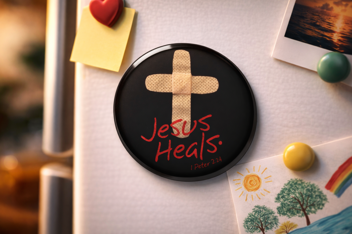 "JESUS HEALS" Fridge Magnet (Big Size) | Christian Decor | Premium Quality Round Badge