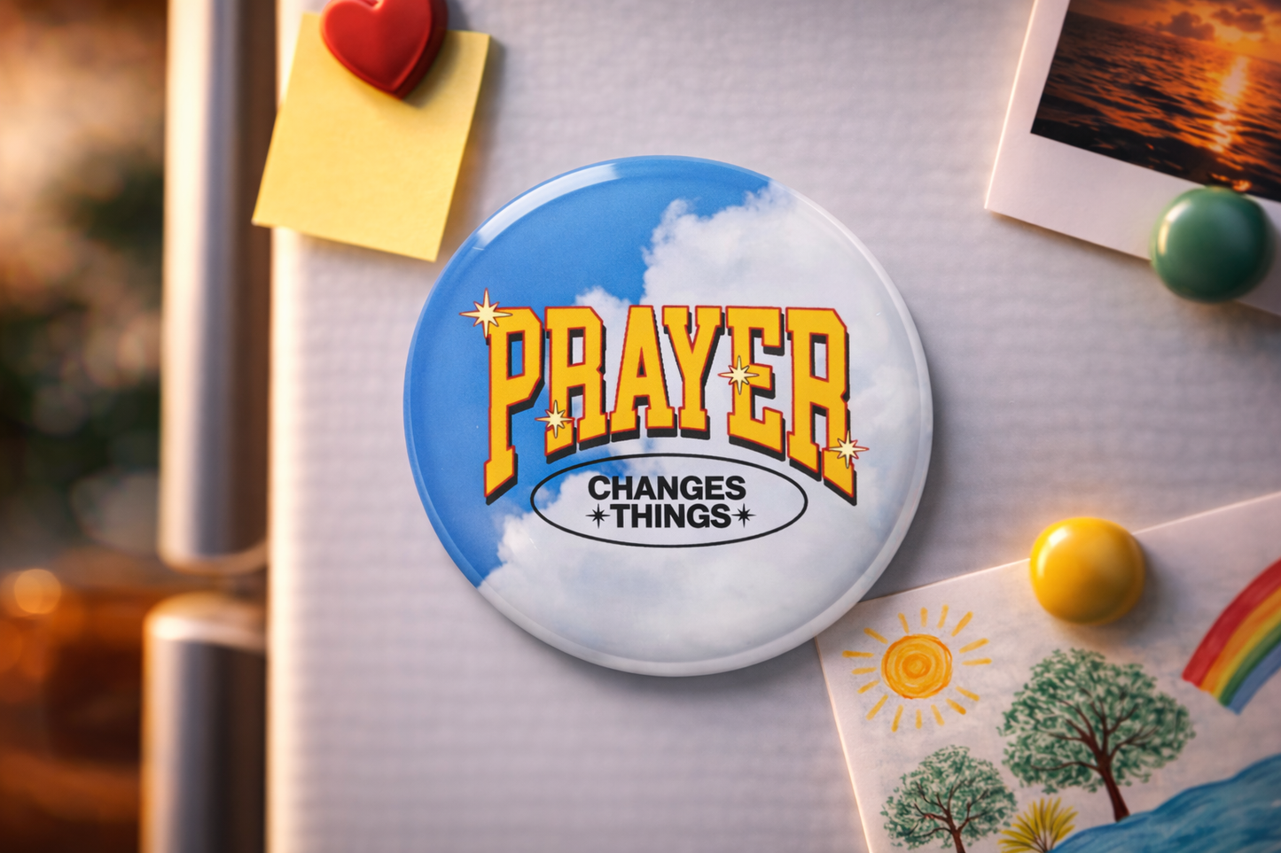 "PRAYER CHANGES THINGS" Fridge Magnet (Big Size) | Christian Decor | Premium Quality Round Badge