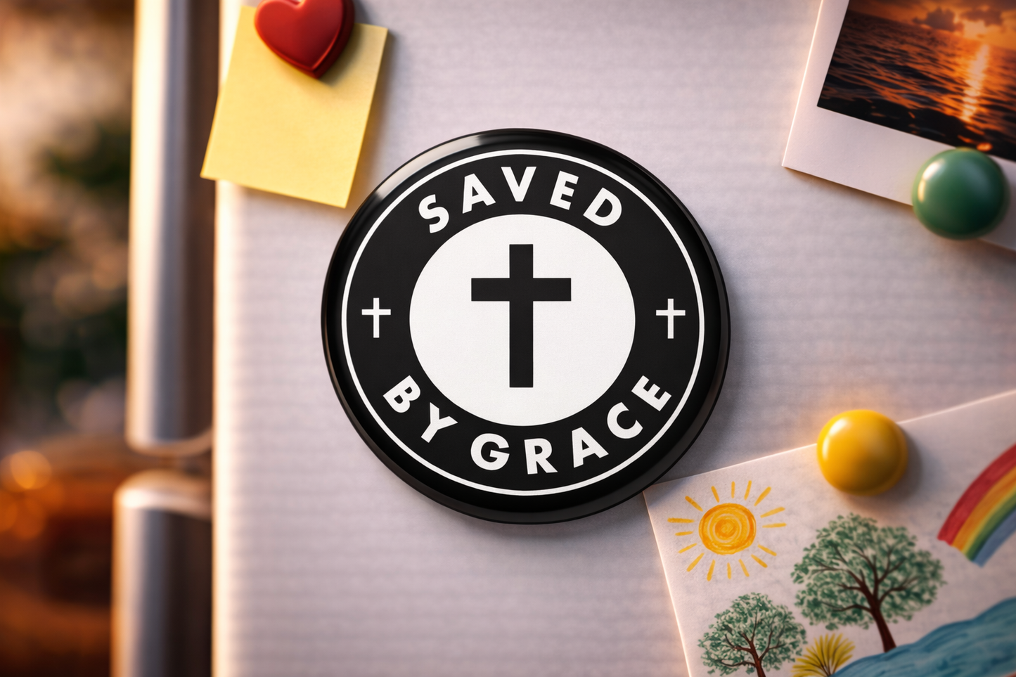 "SAVED BY GRACE" Fridge Magnet (Big Size) | Christian Decor | Premium Quality Round Badge