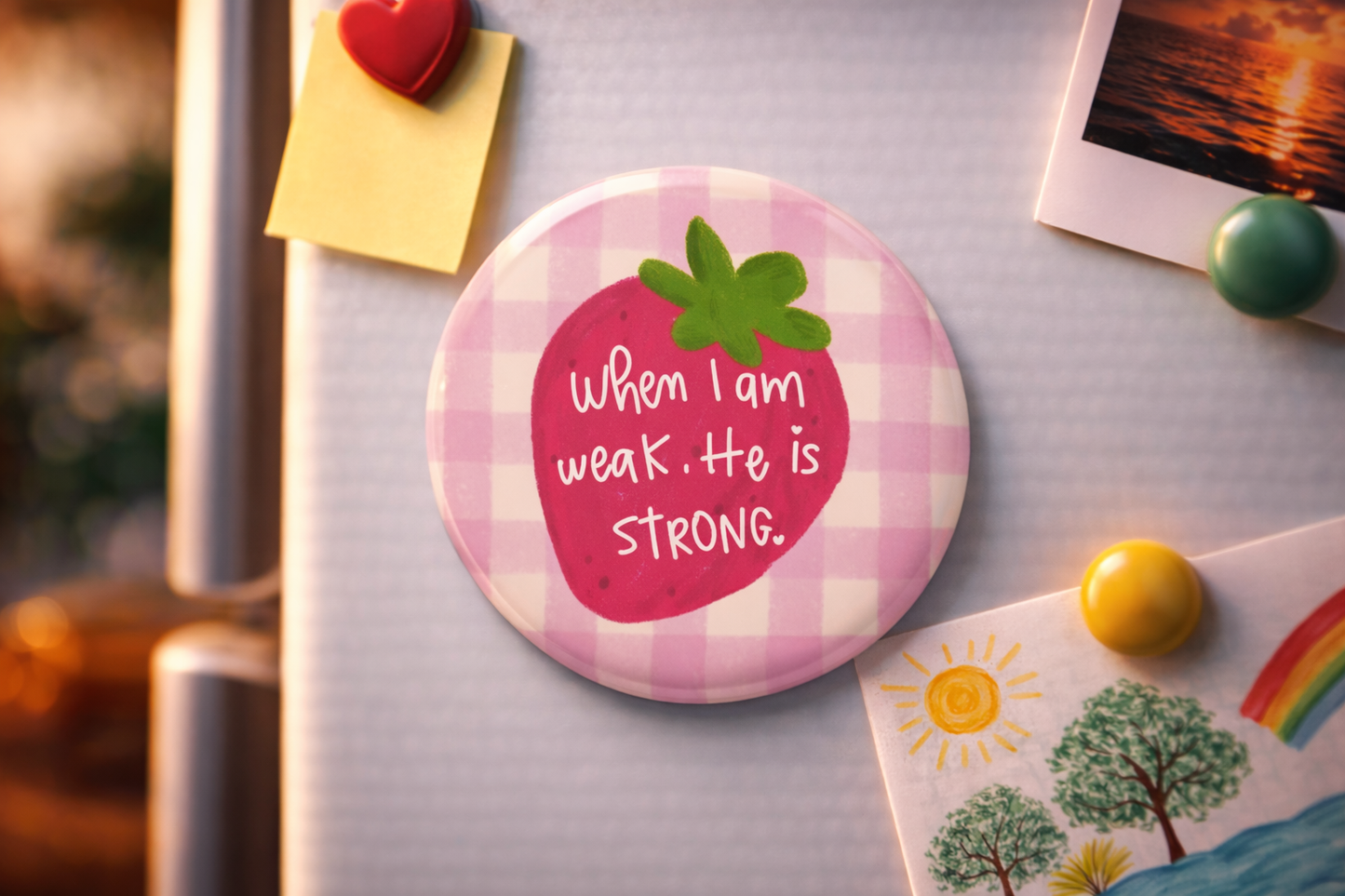 "WHEN I'M WEAK" Fridge Magnet (Big Size) | Christian Decor | Premium Quality Round Badge