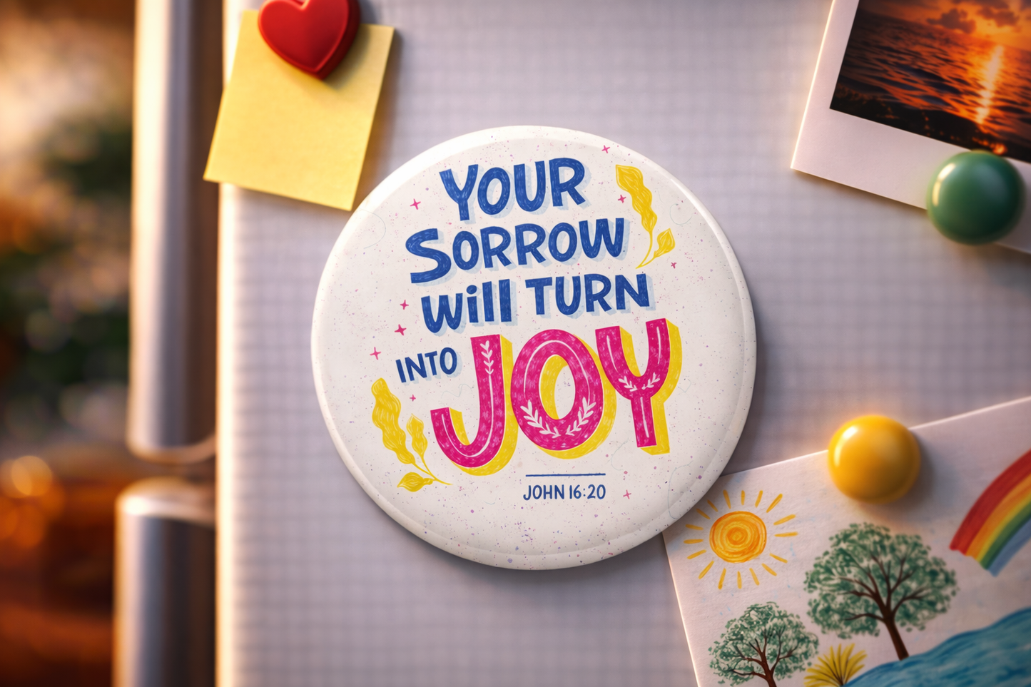 "Your Sorrow will turn into Joy" Fridge Magnet (Big Size) | Christian Decor | Premium Quality Round Badge