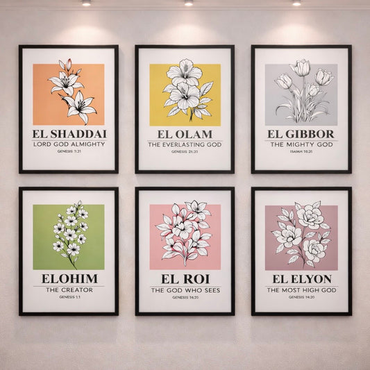 Wall Art Set of 6 A4 | Names of God Scripture Frames | Biblical Home Decor | Faith Wall Gallery | Modern Christian Gift