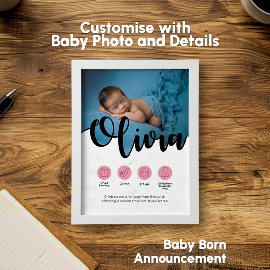 Personalized Baby Born Announcement Photo Frame – A4 Size | Newborn Birth Details Wall Frame