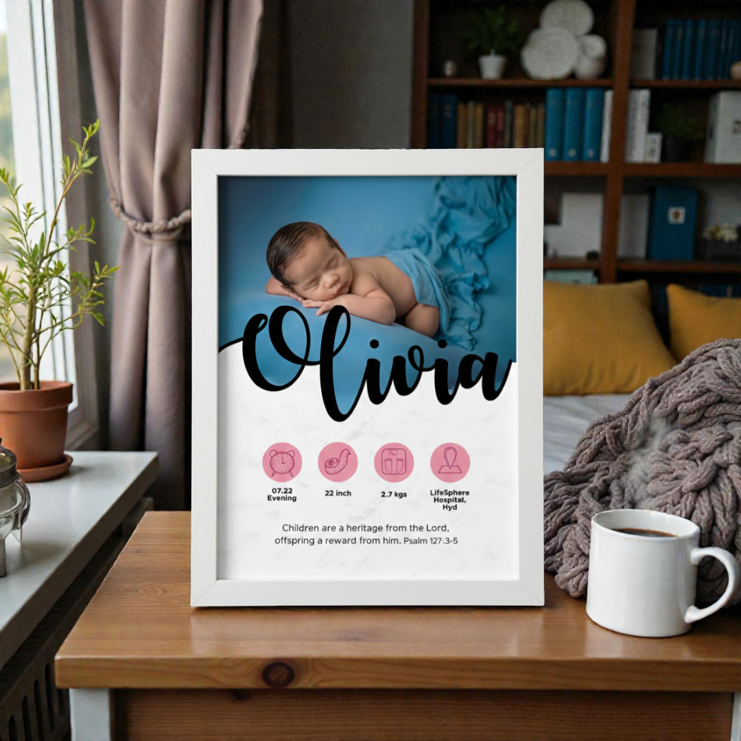 Personalized Baby Born Announcement Photo Frame – A4 Size | Newborn Birth Details Wall Frame
