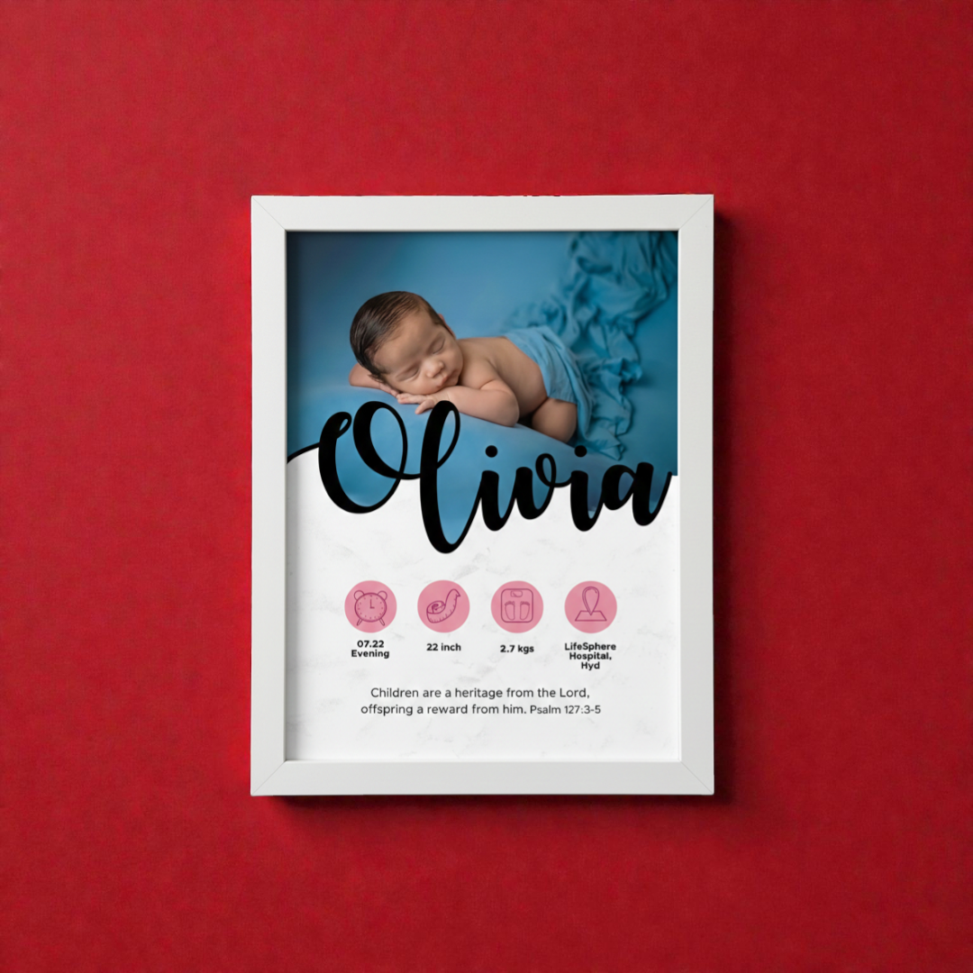 Personalized Baby Born Announcement Photo Frame – A4 Size | Newborn Birth Details Wall Frame