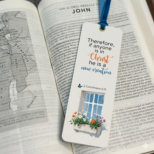HE IS A NEW CREATION | 2 CORINTHIANS 5:17 Bible Bookmark with Satin Ribbon
