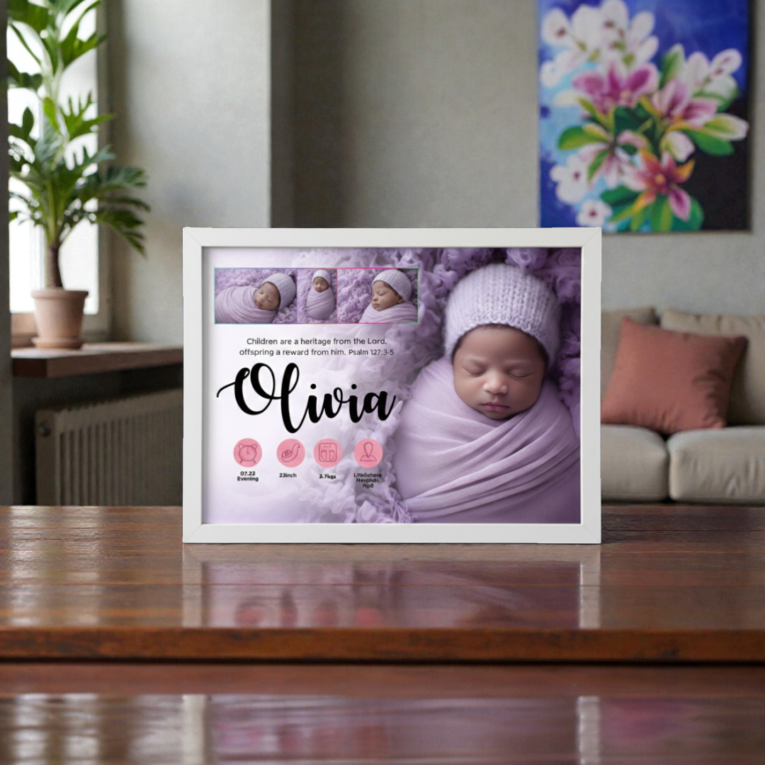 Custom Baby Birth Announcement Frame – A4 Size | Personalized Newborn Photo Frame | Baby Name & Birth Details Print