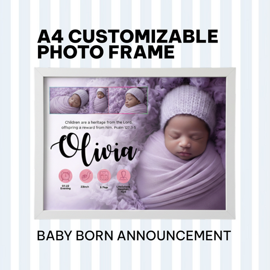 Custom Baby Birth Announcement Frame – A4 Size | Personalized Newborn Photo Frame | Baby Name & Birth Details Print