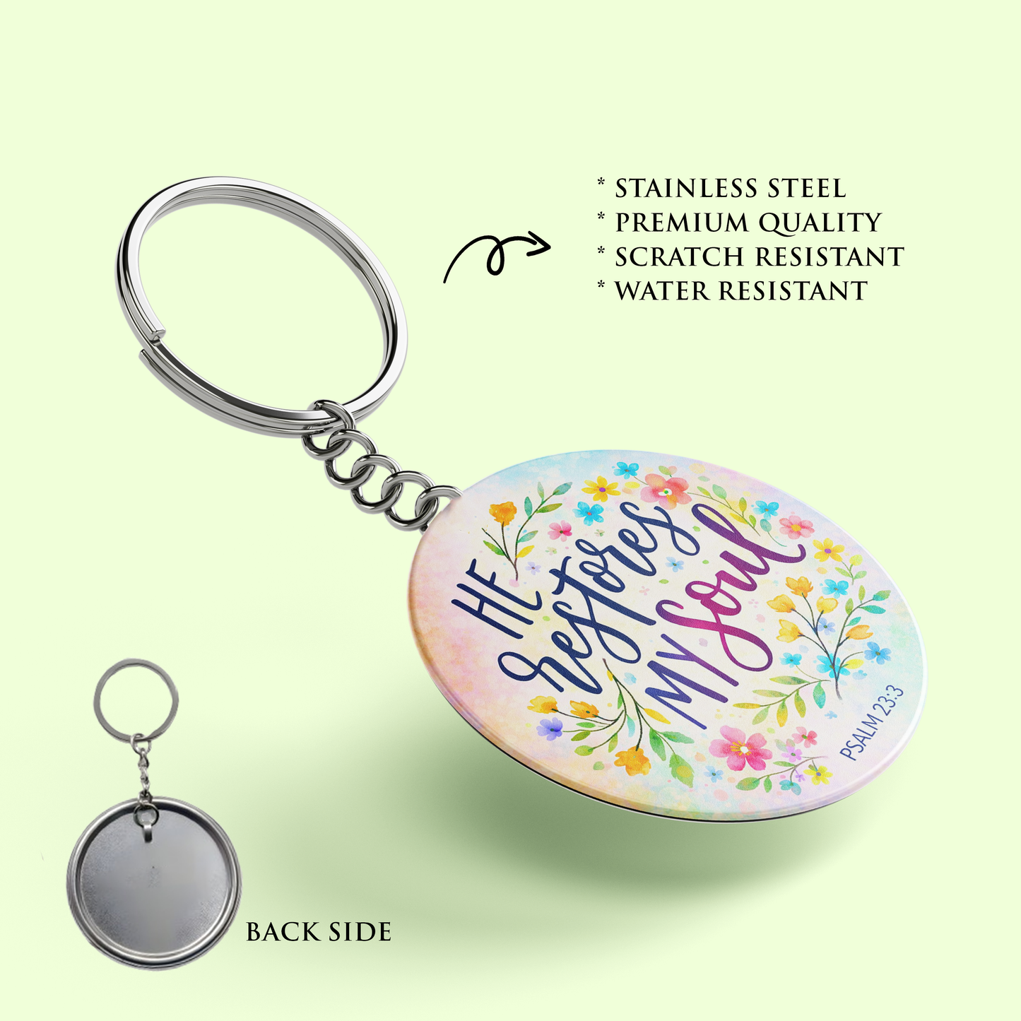 HE RESTORES MY SOUL : Stainless Steel Keyring | Bible Verse Keychain | Premium Stainless Steel