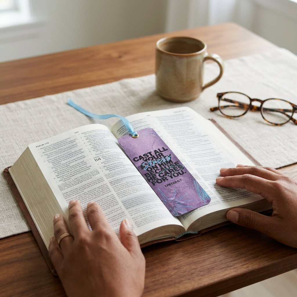 CAST ALL YOUR BURDENS | Bible Bookmark with Satin Ribbon