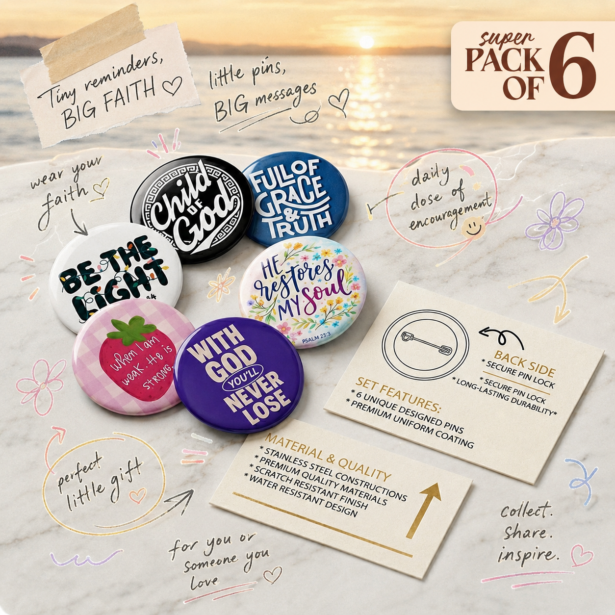 Pack of 6 Button Badges : Christian Decor | Premium Quality Round Badge