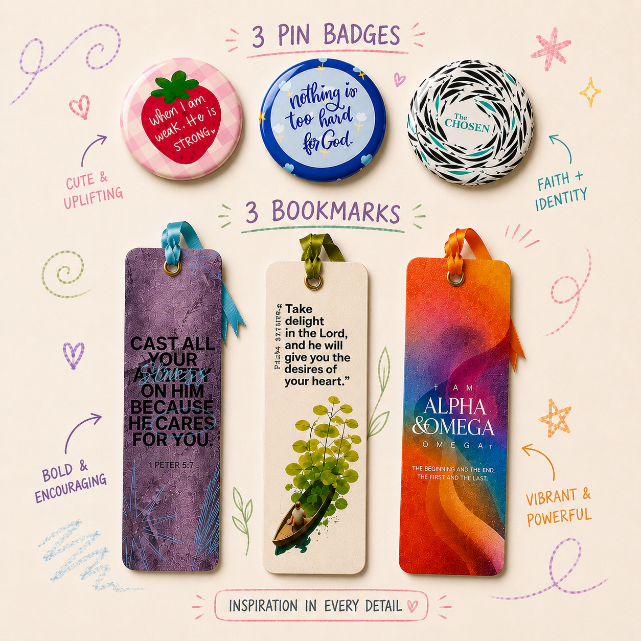 Pack of 3 Button Badges and 3 Bookmarks : Christian Decor | Premium Quality Round Badge and Bookmarks