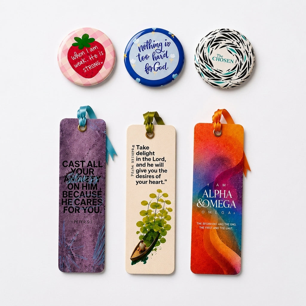 Pack of 3 Button Badges and 3 Bookmarks : Christian Decor | Premium Quality Round Badge and Bookmarks