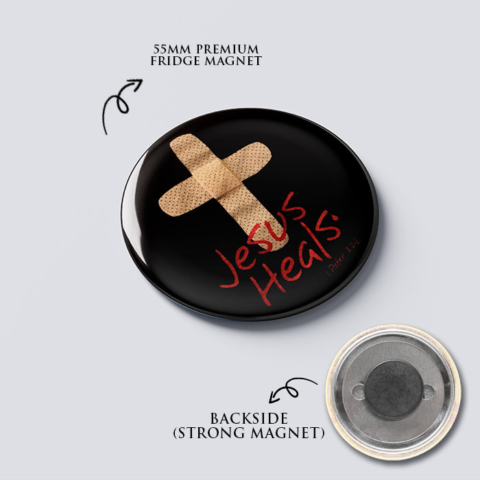 "JESUS HEALS" Fridge Magnet (Big Size) | Christian Decor | Premium Quality Round Badge
