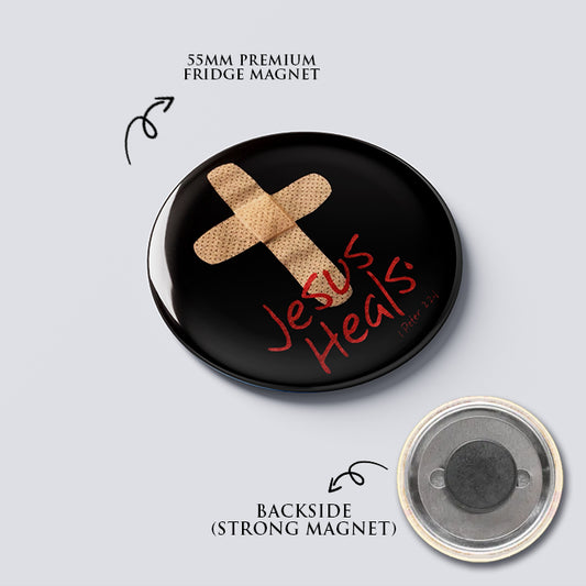 "JESUS HEALS" Fridge Magnet (Big Size) | Christian Decor | Premium Quality Round Badge