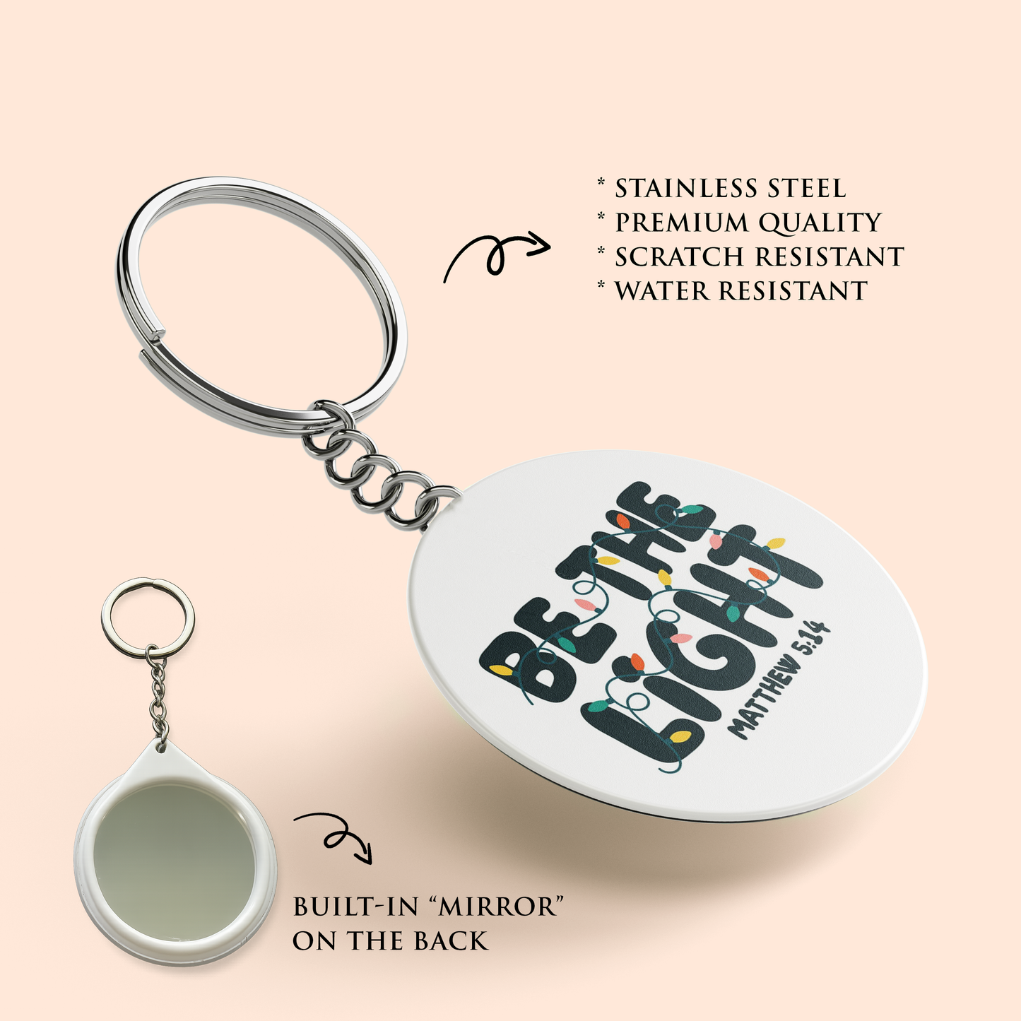 "BE THE LIGHT" Key Chain with Mirror | Christian Decor | Premium Quality Round Key Chain