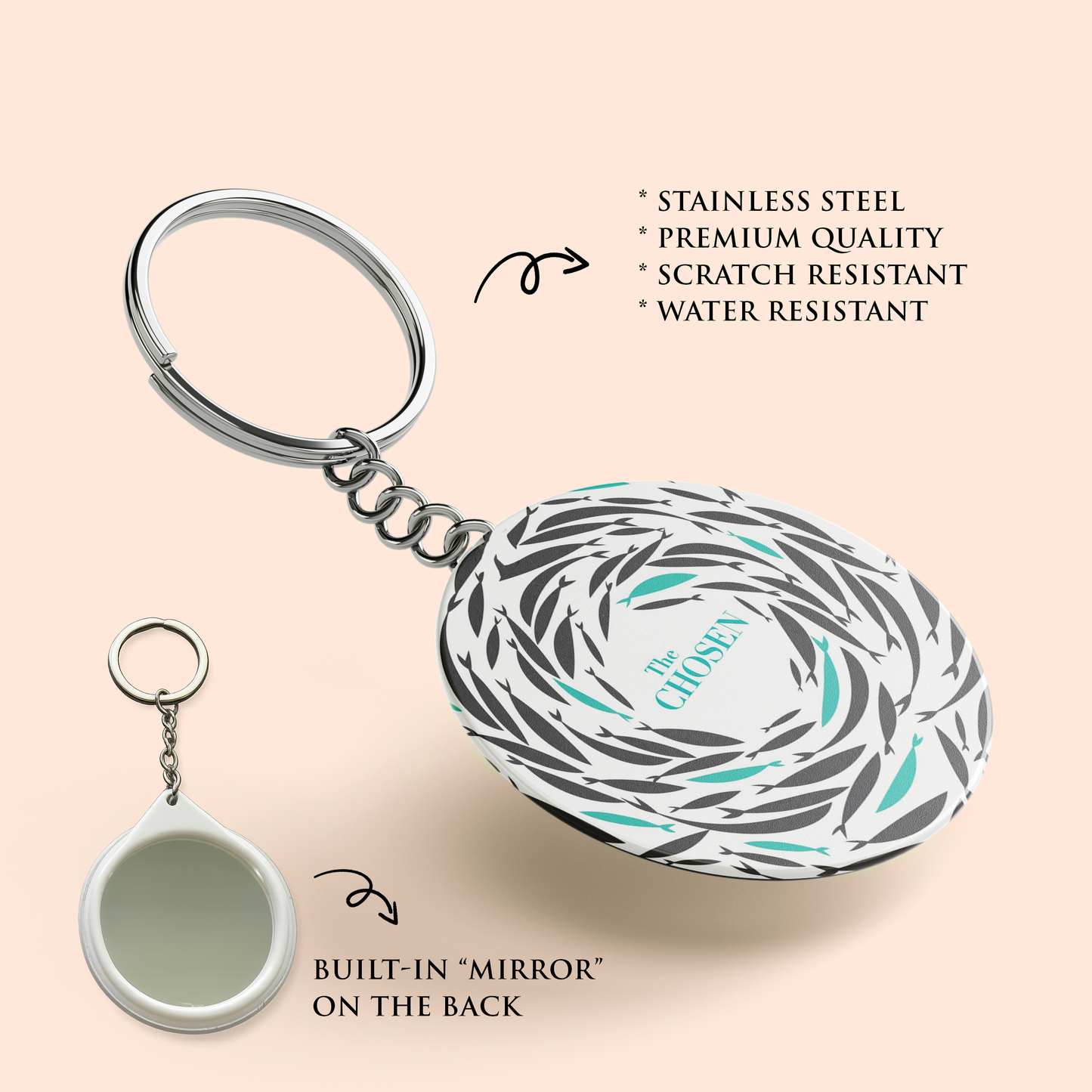 "CHOSEN" Key Chain with Mirror | Christian Decor | Premium Quality Round Key Chain