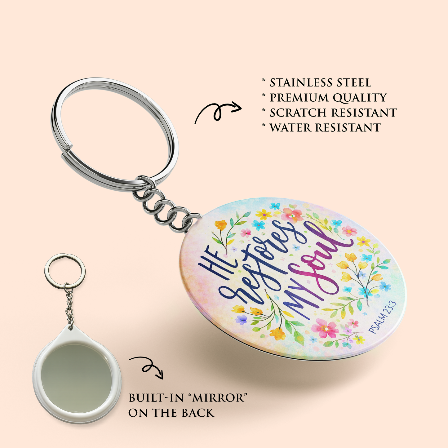"HE RESTORES MY SOUL" Key Chain with Mirror | Christian Decor | Premium Quality Round Key Chain