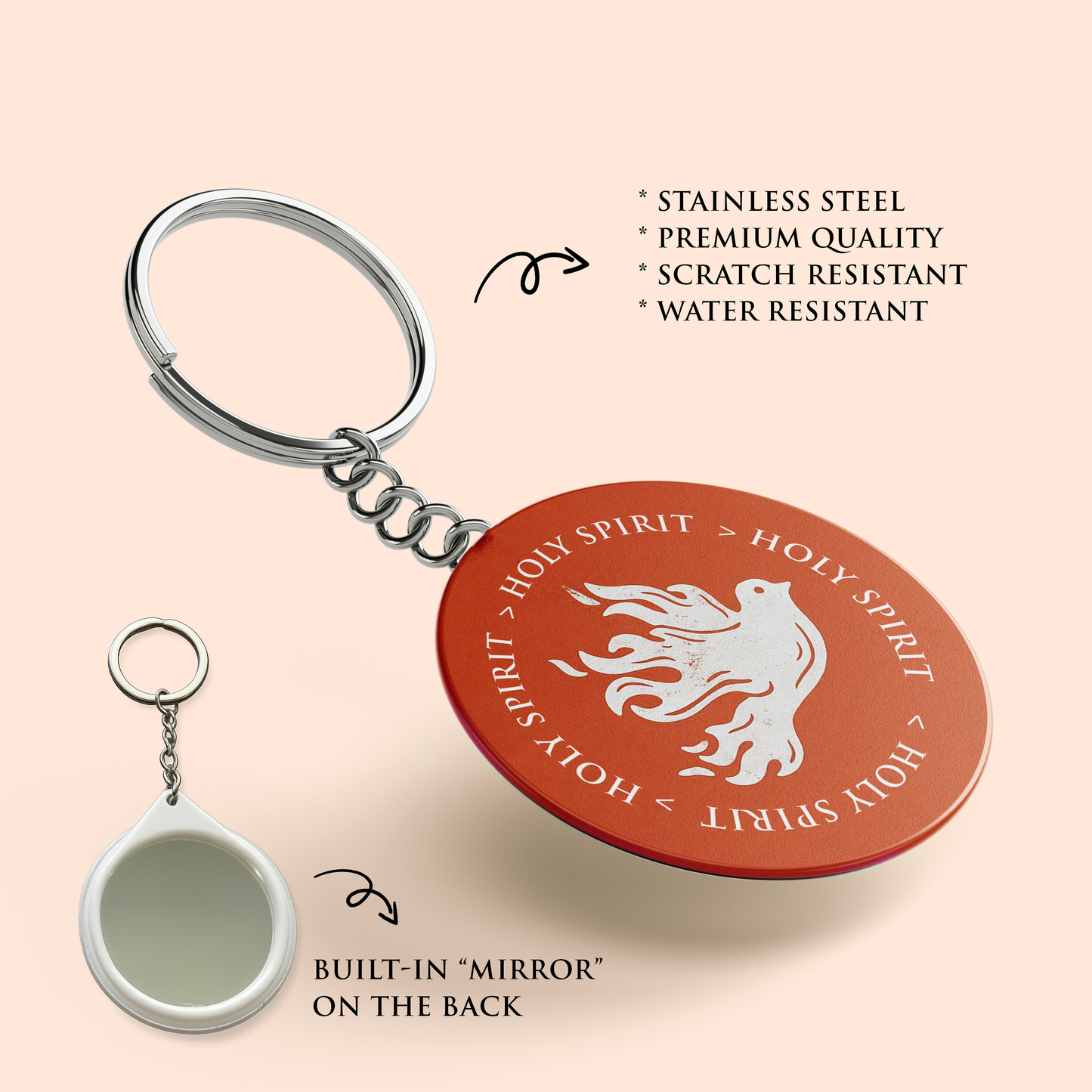 "HOLY SPIRIT" Key Chain with Mirror | Christian Decor | Premium Quality Round Key Chain