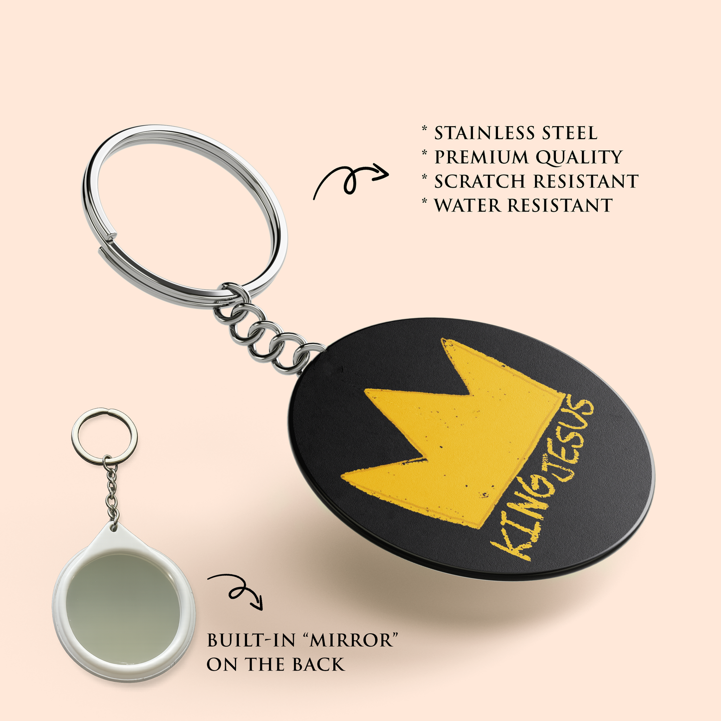 "KING JESUS" Key Chain with Mirror | Christian Decor | Premium Quality Round Key Chain