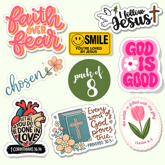 Faith Stickers - Pack 1 | Pack of 8 | Matt Laminated Vinyl Stickers | Faith Bible verses