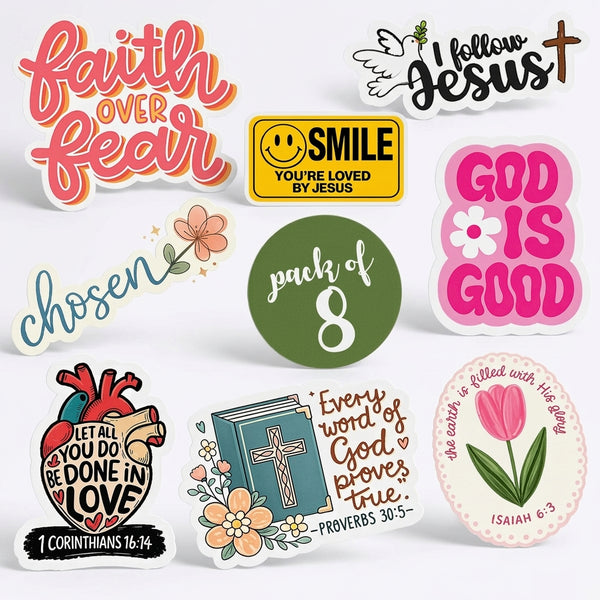Faith Stickers - Pack 1 | Pack of 8 | Matt Laminated Vinyl Stickers | Faith Bible verses