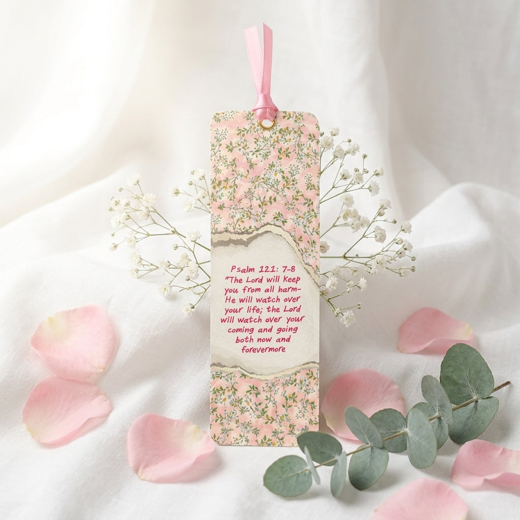 Psalm 121:7–8 Christian Bookmark with Pink Satin Ribbon | Bible Verse Bookmark | Inspirational Scripture Gift for Bible Readers