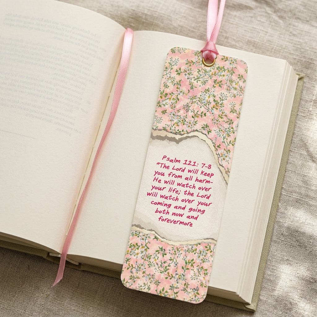 Psalm 121:7–8 Christian Bookmark with Pink Satin Ribbon | Bible Verse Bookmark | Inspirational Scripture Gift for Bible Readers