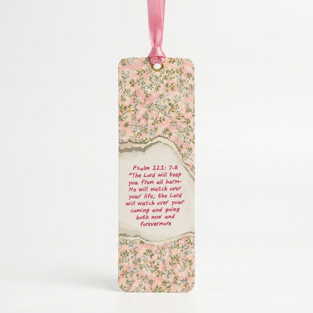 Psalm 121:7–8 Christian Bookmark with Pink Satin Ribbon | Bible Verse Bookmark | Inspirational Scripture Gift for Bible Readers
