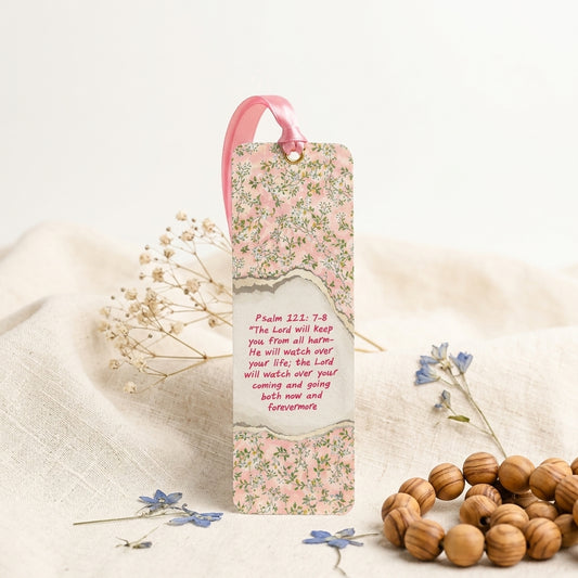 Psalm 121:7–8 Christian Bookmark with Pink Satin Ribbon | Bible Verse Bookmark | Inspirational Scripture Gift for Bible Readers