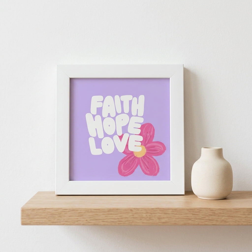 Faith Hope Love Mini Photo Frame | 4x4 Inch White Desk Decor | Christian Gift Frame