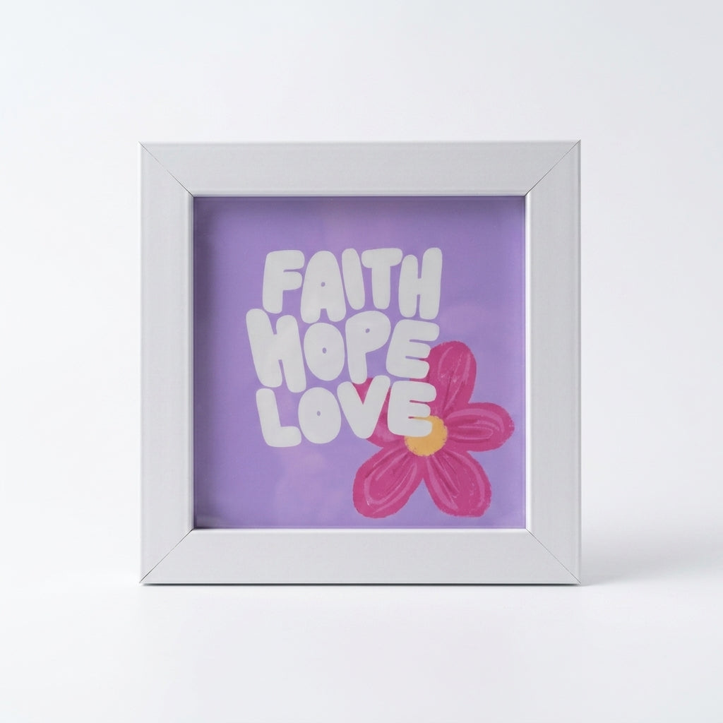 Faith Hope Love Mini Photo Frame | 4x4 Inch White Desk Decor | Christian Gift Frame